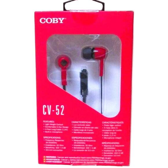 Coby Earbuds with In-line Microphone Red with 4 Foot Cable CVE-152 - Picture 1 of 1